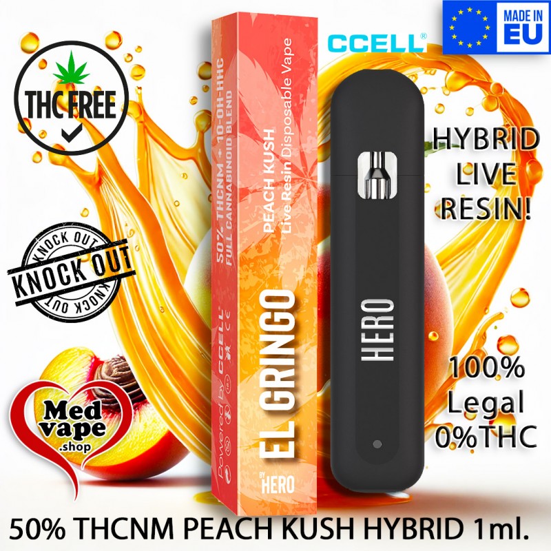 50% THCNM VAPE PEACH KUSH HYBRID 1ml - EL GRINGO WEED LEGAL THC CANNABIS MEDVAPE